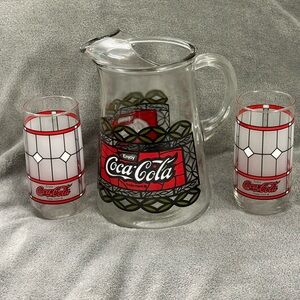 Coca Cola Large Vintage Tiffany Style Stained Glass Pitcher & 2 Drinking Glasses